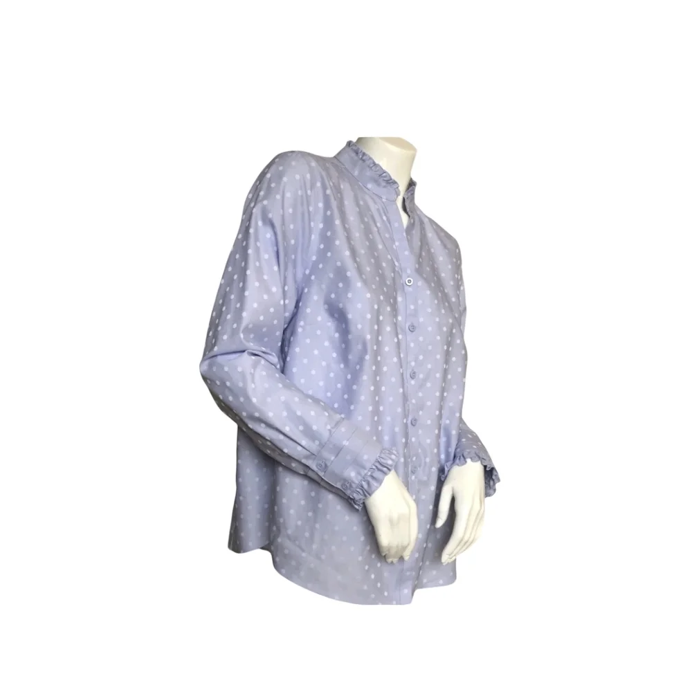 CHICO’S Shirt Lavender Polka Dot Long Sleeve No-iron Cotton Ruffles Sz 2 (10-12)